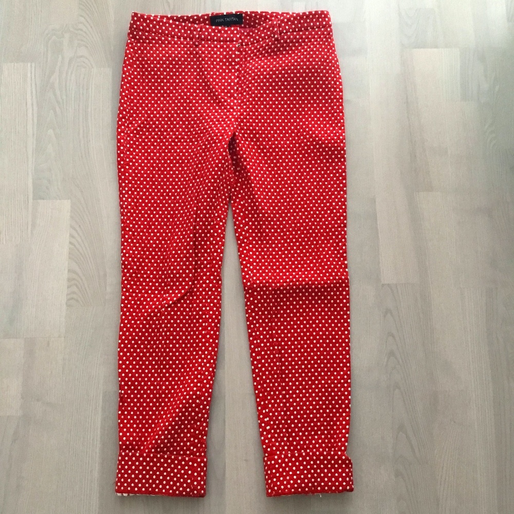 Pink Tartan Red and White luxurious Feel Polka Dot Jacquard Fitted Trousers